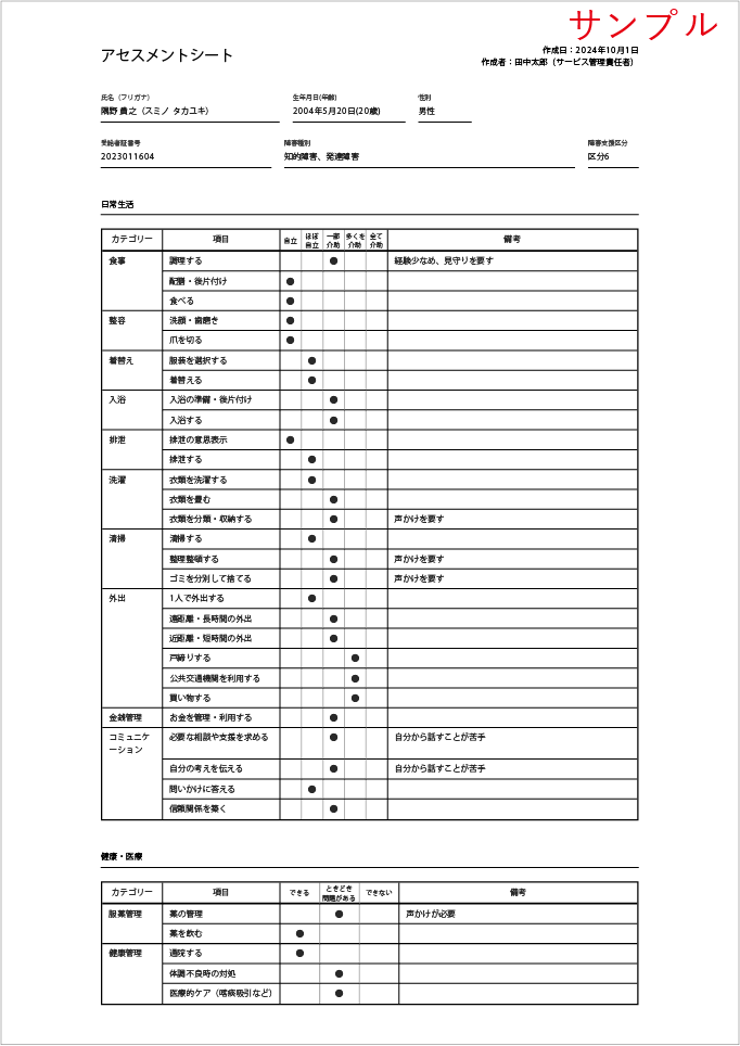 アセスメントシートを印刷する【共同生活援助、生活介護】